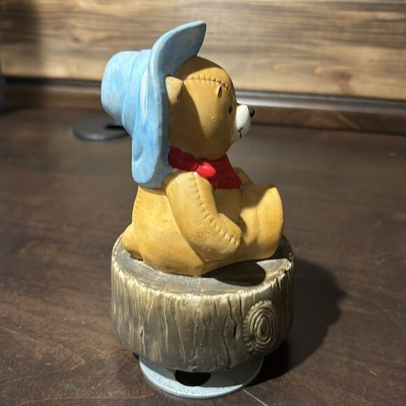 Vintage Charming Teddy Bear Figurine Blue Hat and Red Scarf Moving Music Box - Picture 4 of 7